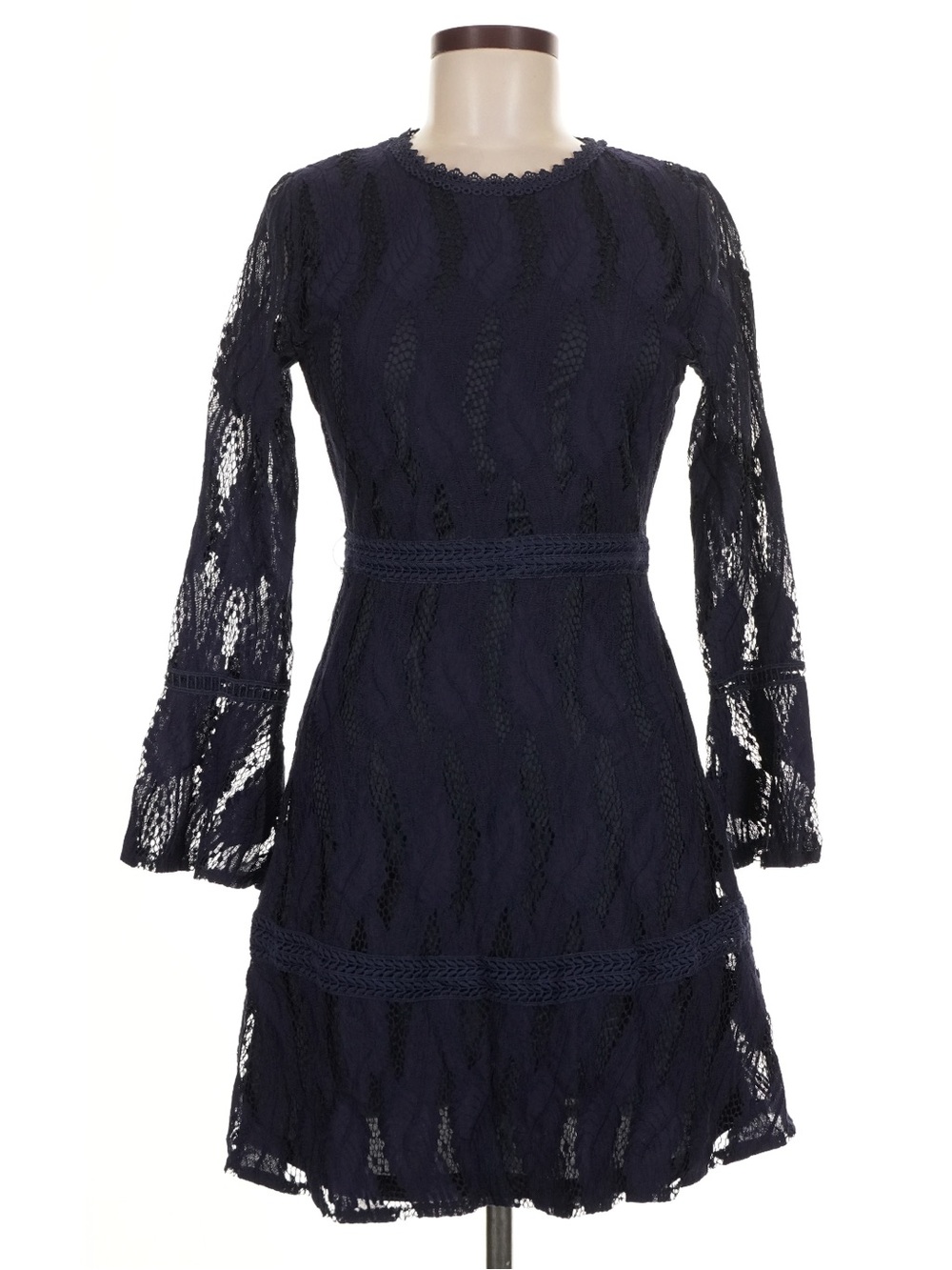 Boohoo Navy Blue Lace Bell Sleeve Mini Dress Size 6 Feminine Elegant